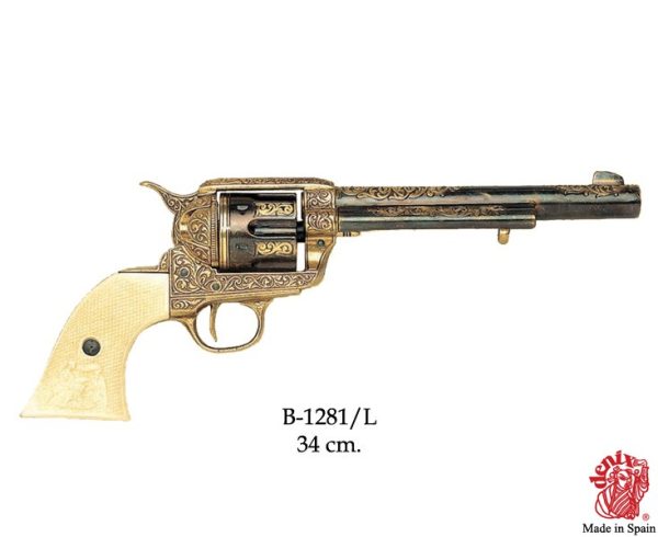 Replika-revolveri kaiverrettu Colt SAA Cavalry valkoisella kahvalla.