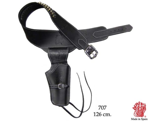 Musta nahkainen asevyö Colt Peacemaker revolverille.